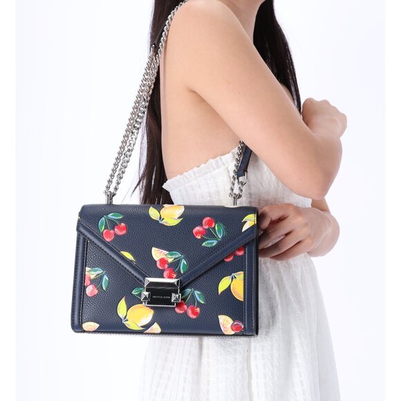 Michael Kors Whitney Medium Flap Shoulder Bag Fruit Print Navy Multi - Picture 1 of 8